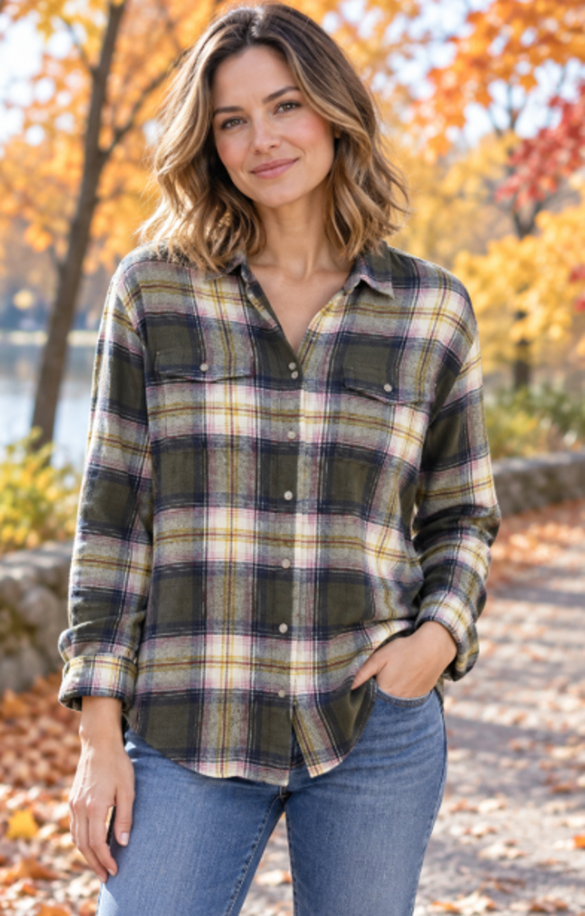 Old Navy Boyfriend Shirt brown Plaid Cotton Flannel Outdoors large tall women's